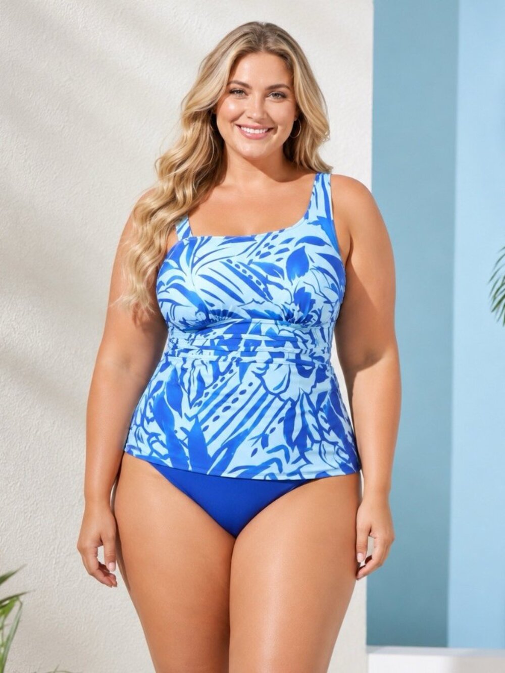 New Susan Graver Plus Size 32 W Blue Soleil Floral Tankini 2 Piece Swimsuit QVC
